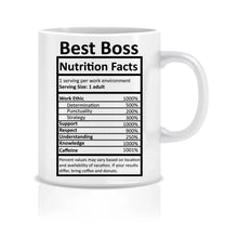 Lade das Bild in den Galerie-Viewer, Nahaufnahme der Tasse mit dem Schriftzug &#39;Boss Nutritional Facts&#39; und der humorvollen Boss-Eigenschaften-Tabelle.
